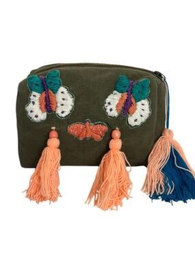 Raj LA Dark Sage Green Canvas Embroidered Tasseled Butterfly Cosmetic Bag NEW